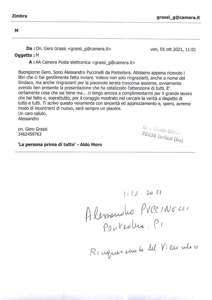 ALESSANDRO PUCCINELLI: Pontedera (PI). Ringraziamento del Vicesindaco – 1 ottobre 2021