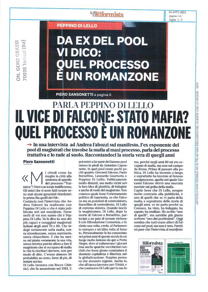 IL RIFORMISTA – Peppino Di Lello: Quel processo è un romanzone – 1 ottobre 2021