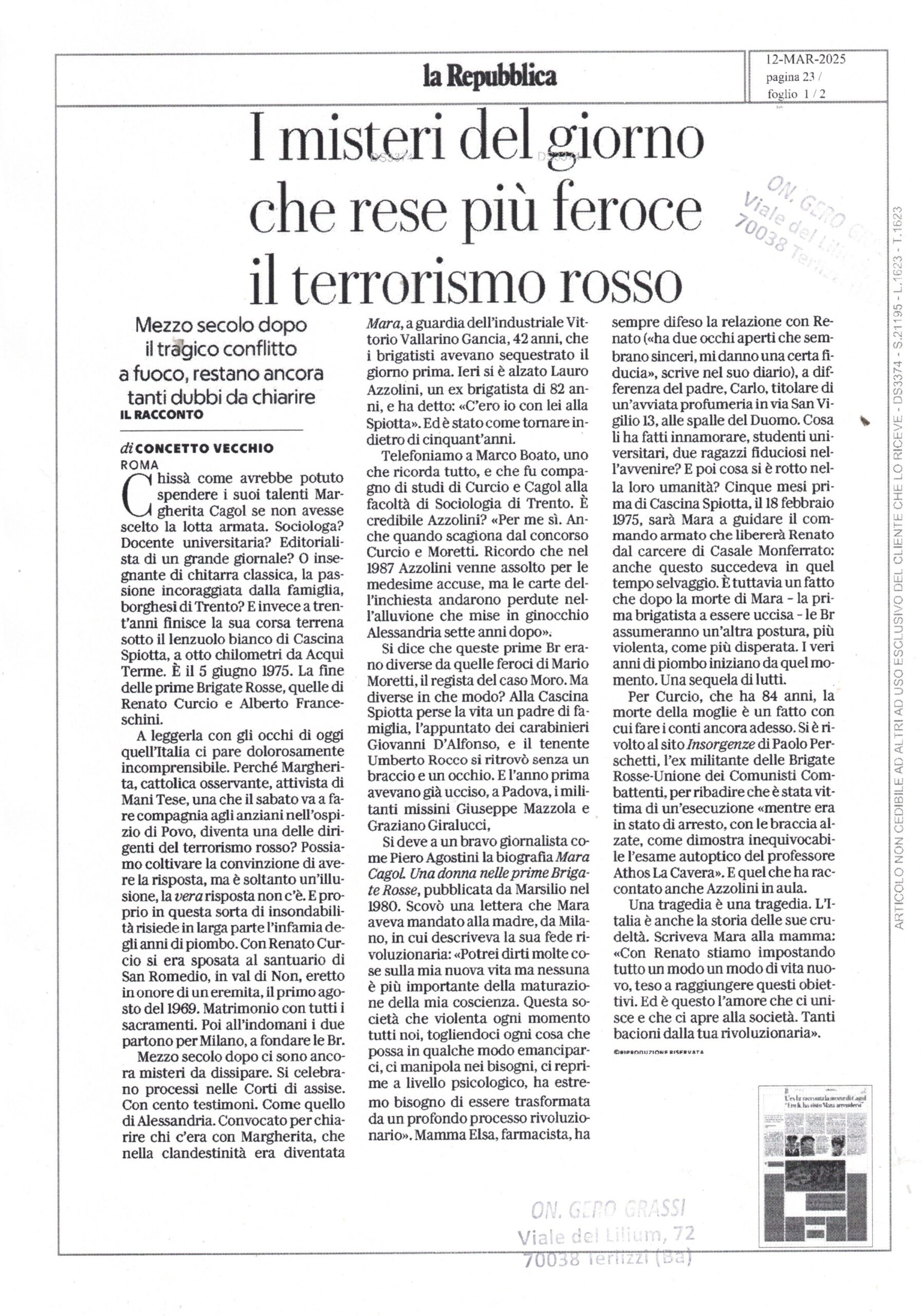 LA REPUBBLICA – I misteri del giorno che rese più feroce il terrorismo rosso – 12 marzo 2025