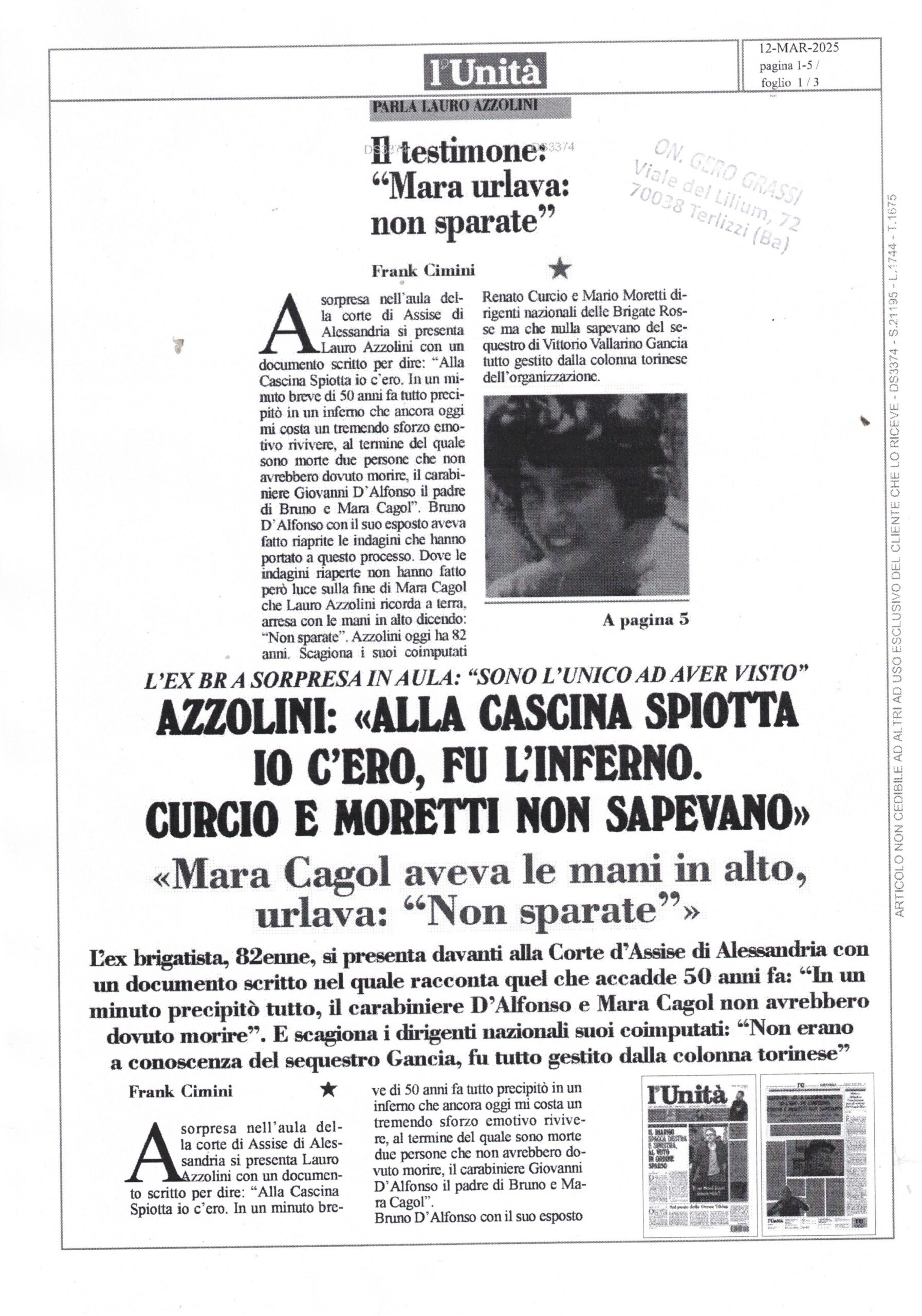L’UNITA’ – Il testimone: “Mara urlava:non sparate” – 12 marzo 2025