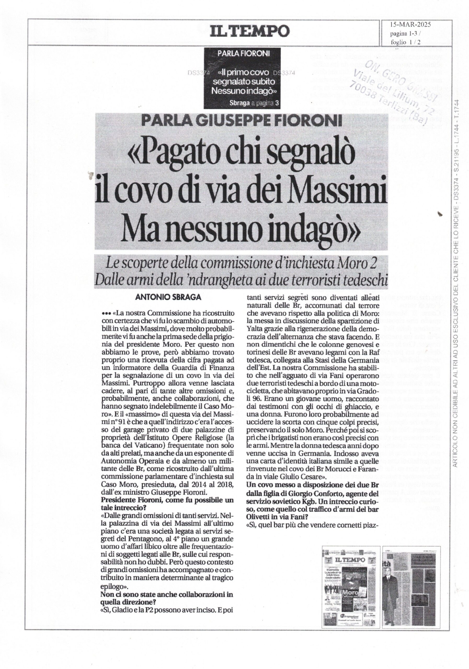 IL TEMPO – Giuseppe Fioroni: “Pagato chi segnalò il covo di via dei Massimi, Ma nessuno indagò” – 15 marzo 2025