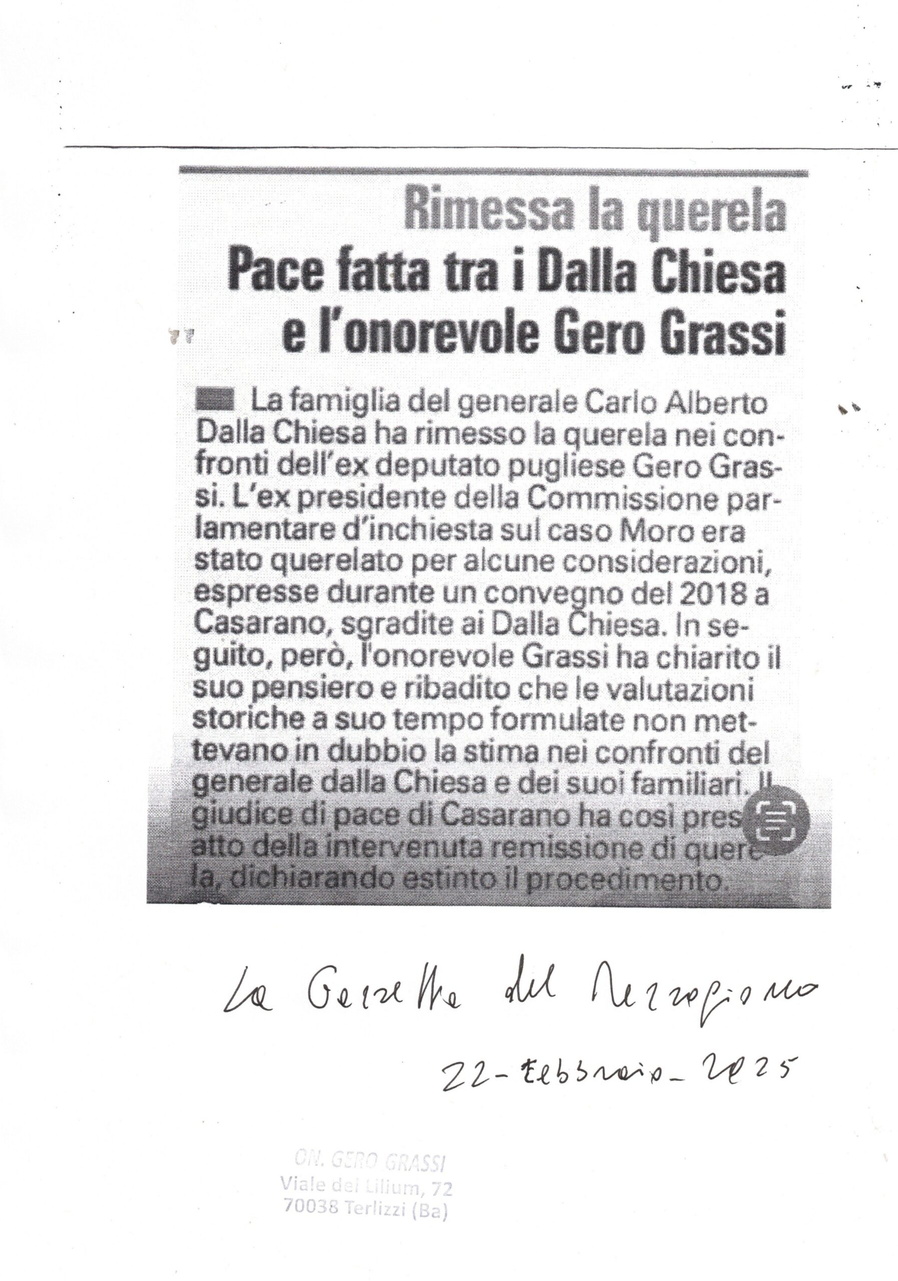 LA GAZZETTA DEL MEZZOGIORNO – Rimessa la querela. Pace fatta tra i Dalla Chiesa e l’Onorevole Gero Grassi – 22 febbraio 2025