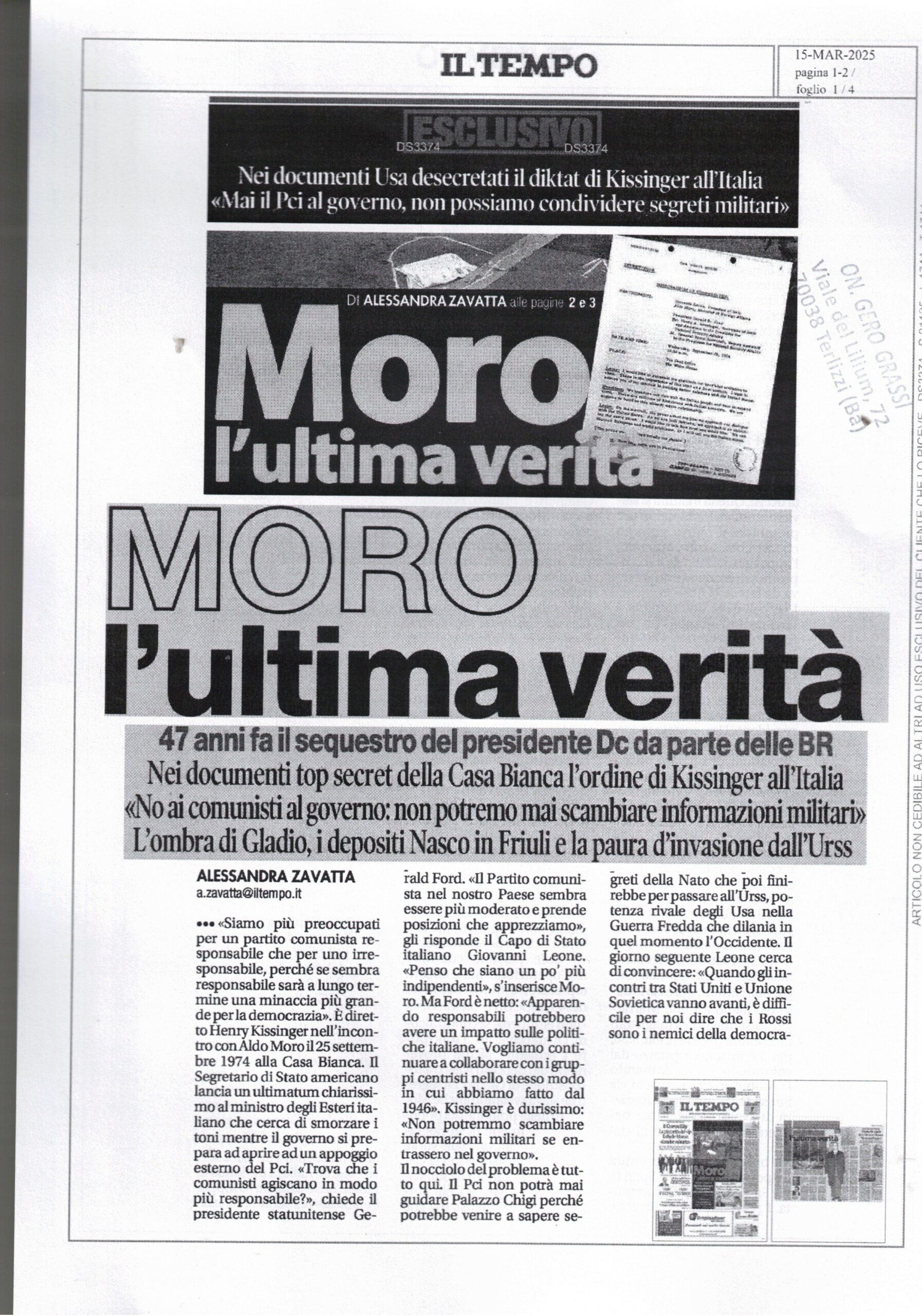 IL TEMPO – Moro l’ultima verità – 15 marzo 2025