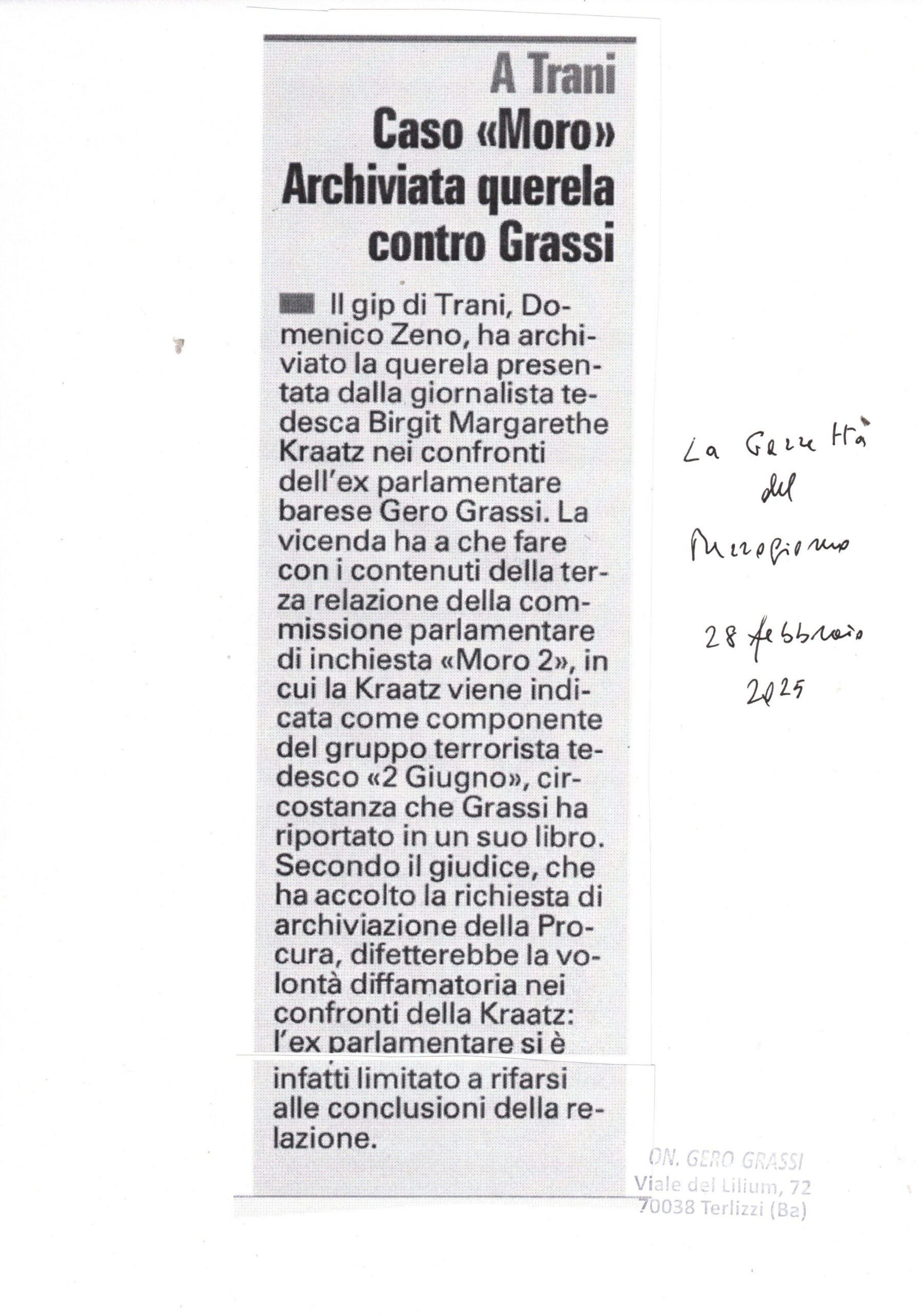 LA GAZZETTA DEL MEZZOGIORNO – A Trani Caso “Moro”. Archiviata querela contro Grassi – 28 febbraio 2025