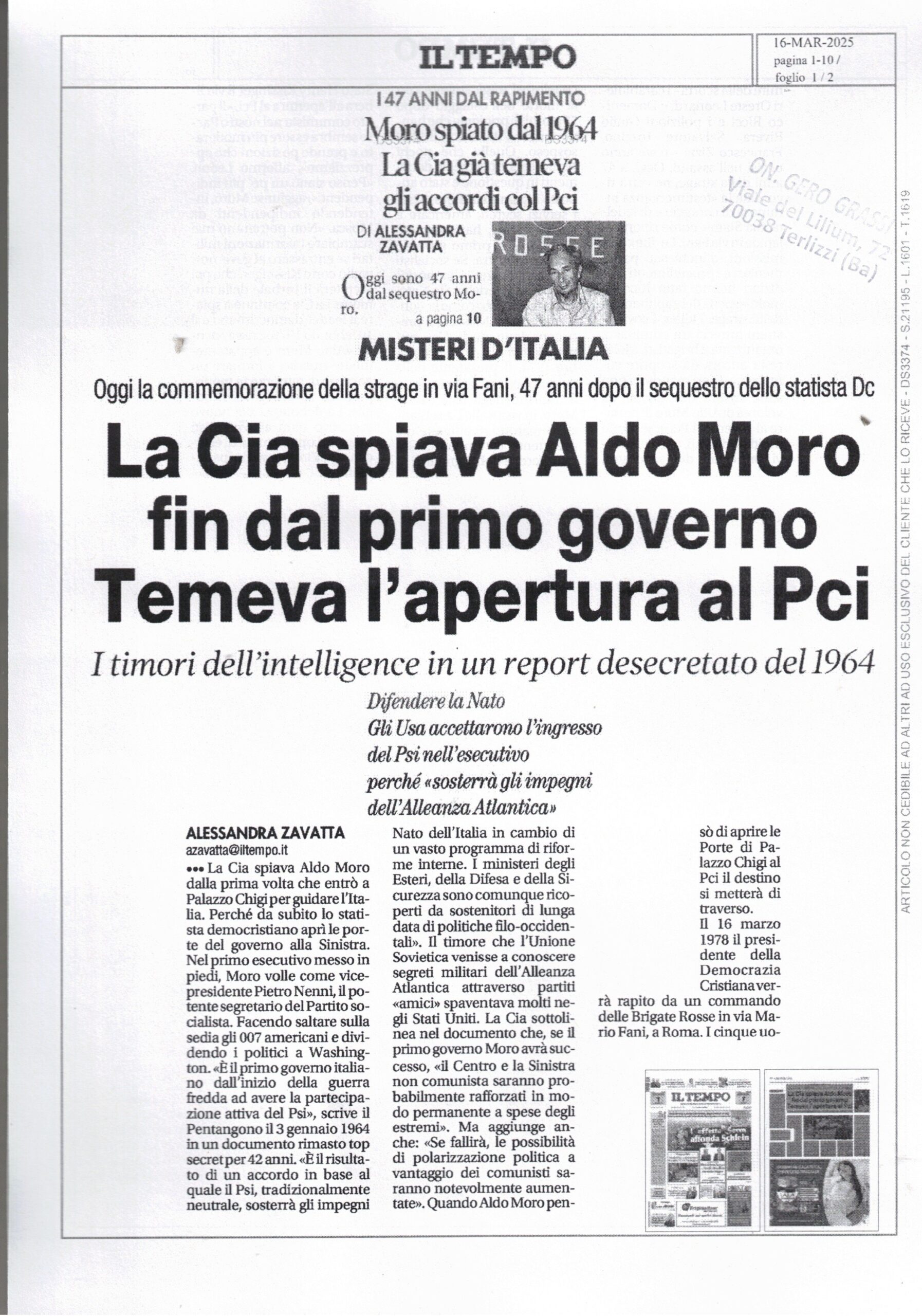 IL TEMPO – Moro spiato dal 1964. La Cia già temeva gli accordi col Pci – 16 marzo 2025