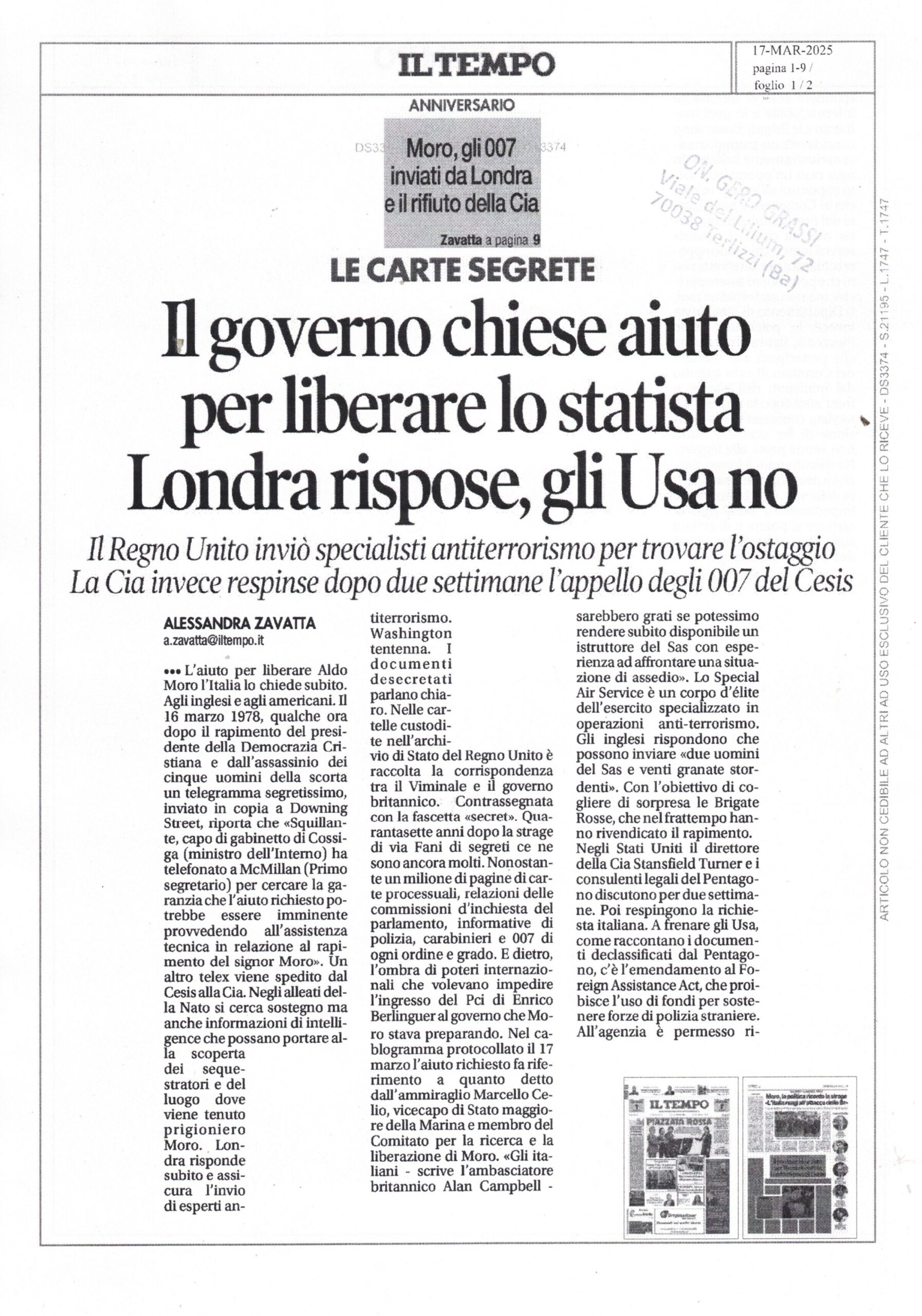 IL TEMPO – Moro, gli 007 inviati da Londra e il rifiuto della Cia – 17 marzo 2025