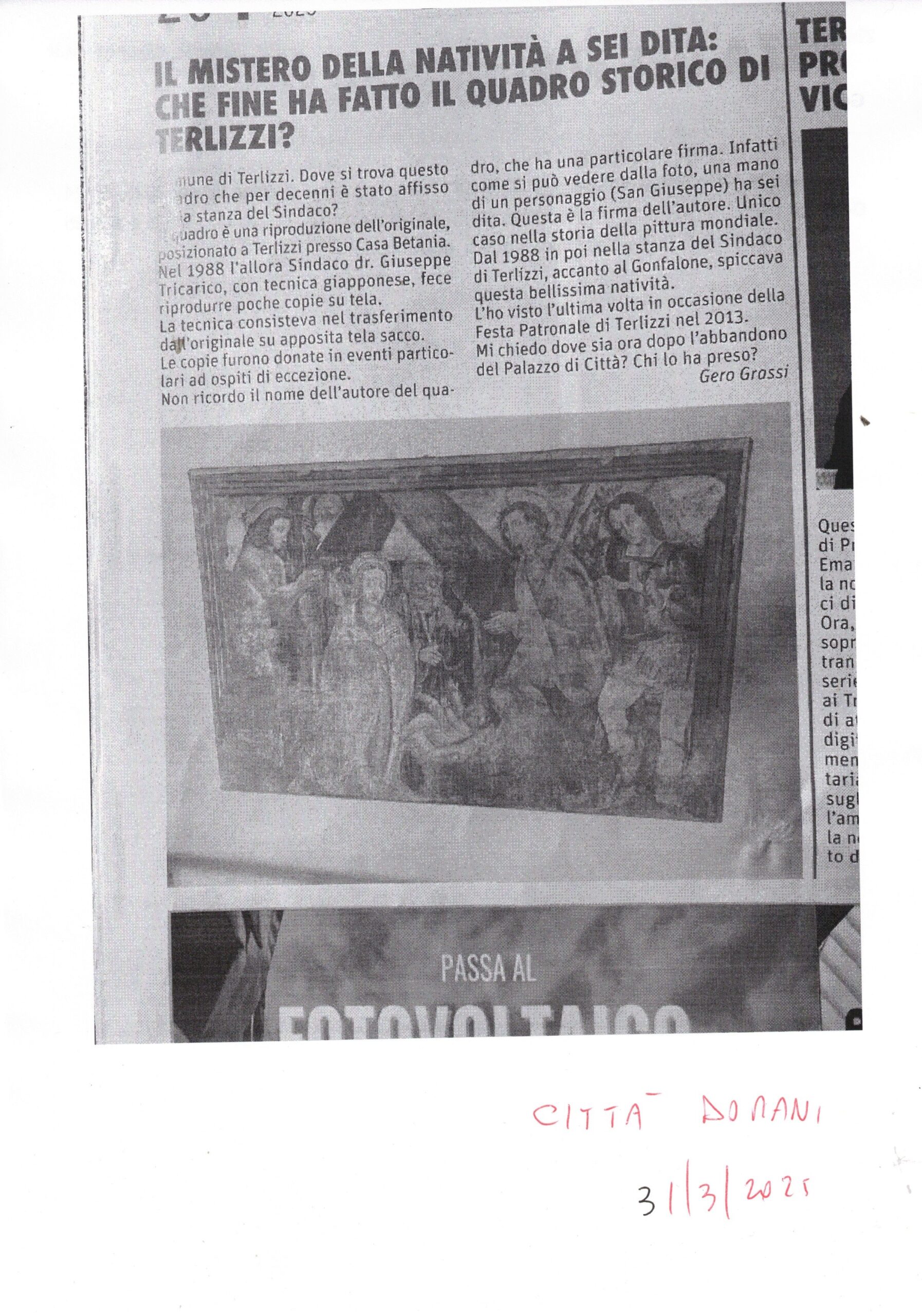 CITTA’DOMANI – Il m istero della natività a sei dita: che fine ha fatto il quadro storico di Terlizzi? – 31 marzo 2025