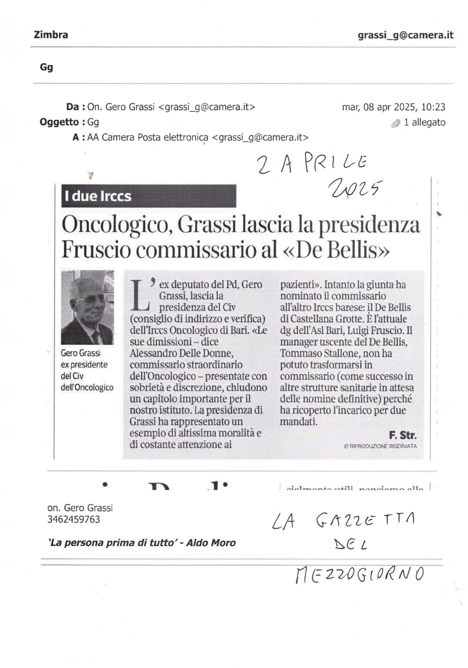 LA GAZZETTA DEL MEZZOGIORNO – Oncologico: Grassi lascia la Presidenza. Fruscio Commissario al “De Bellis” – 2 aprile 2025