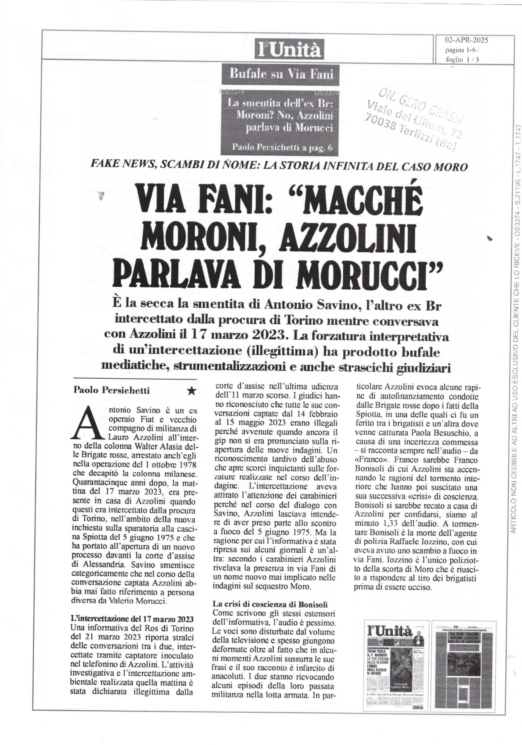 L’UNITA’ – Via Fani: “Macchè Moroni, Azzolini parlava di Morucci” – 2 aprile 2025