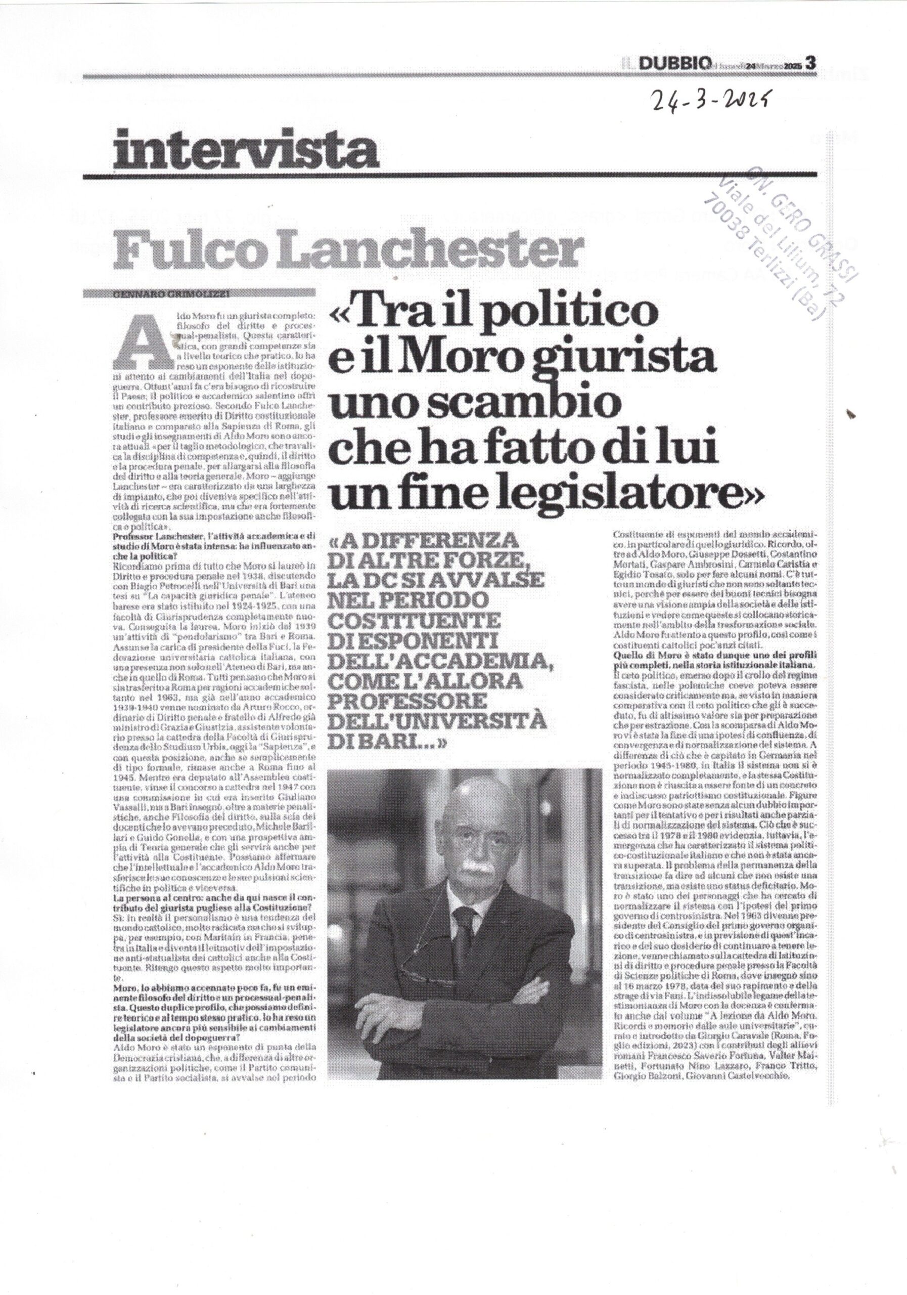 IL DUBBIO – Tra il politico ed il Moro giurista, uno scambio che ha fatto di lui un fine legislatore – 24 marzo 2025
