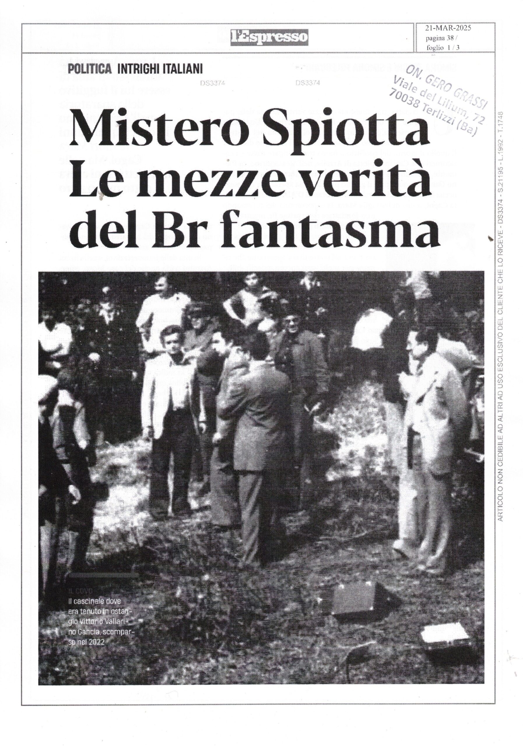L’ESPRESSO – Mistero Spiotta le mezze verità del Br fantasma – 21 marzo 2025