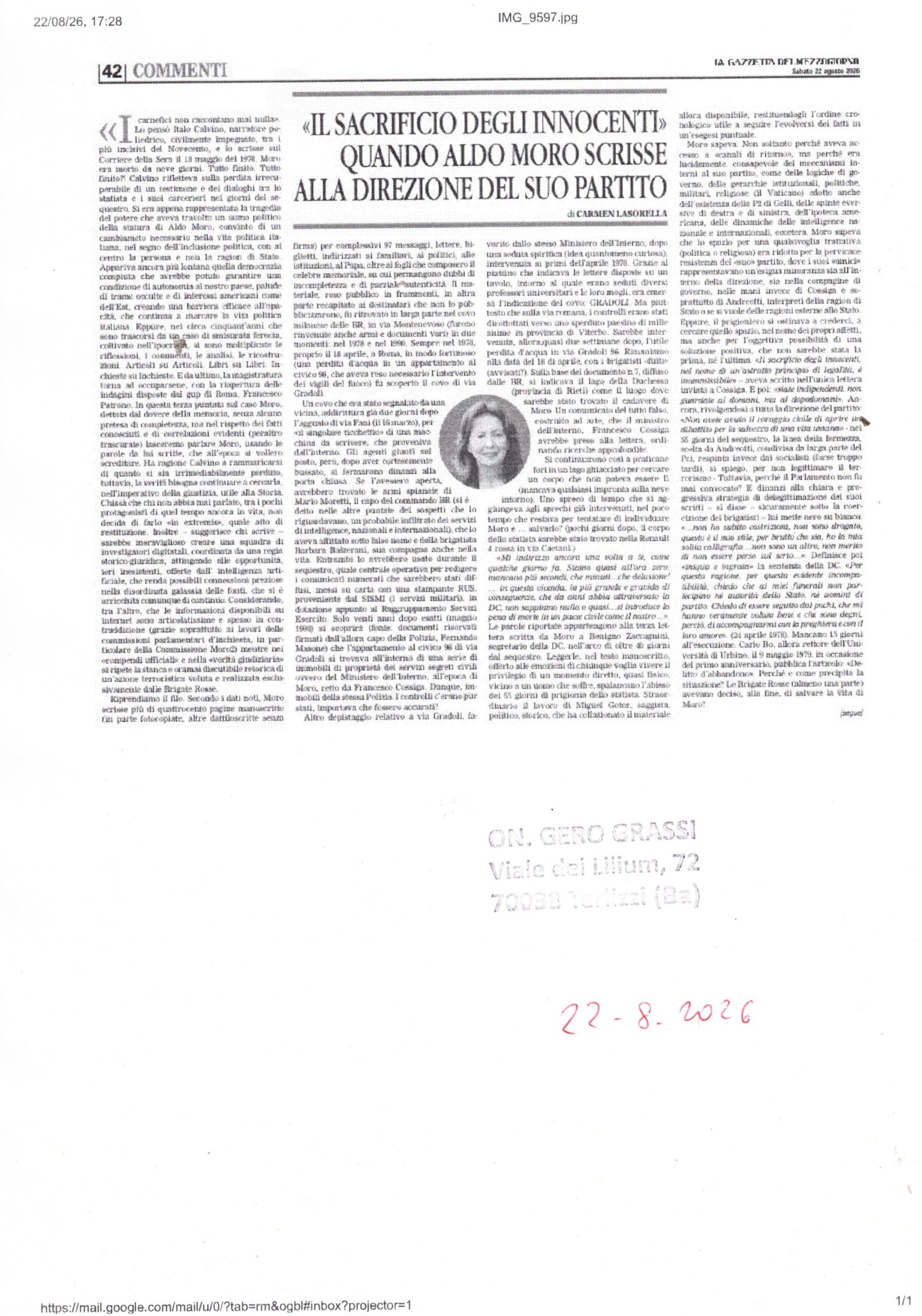 LA GAZZETTA DEL MEZZOGIORNO – Il sacrificio degli innocenti. Quando Aldo Moro scrisse alla direzione del suo partito – 22 agosto 2026